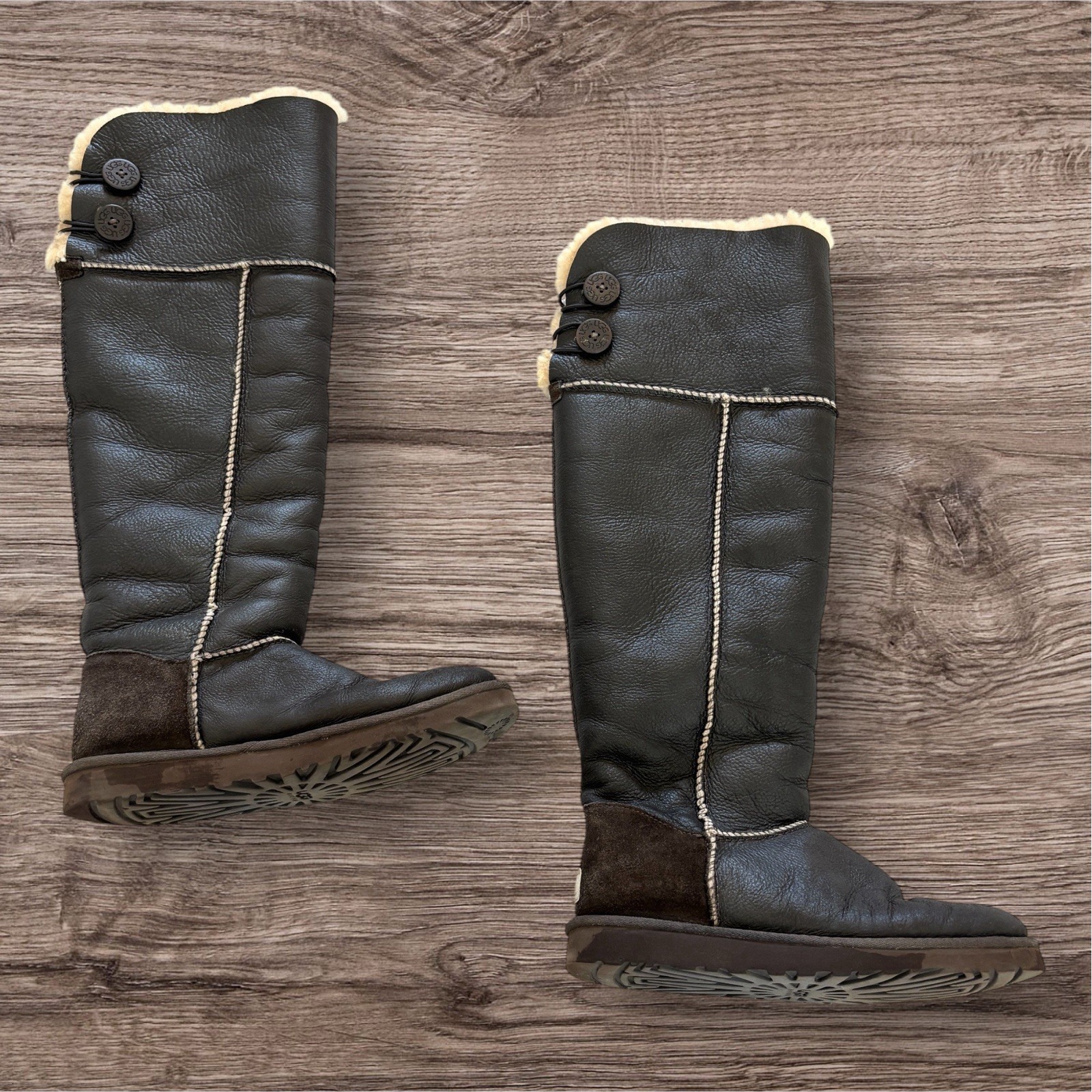 Ugg Bailey Button Over The Knee Boots Bomber Brown Leather Eva Shearling Size 7